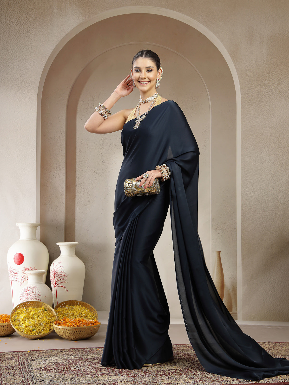 Dark Blue Plain Satin Silk Saree