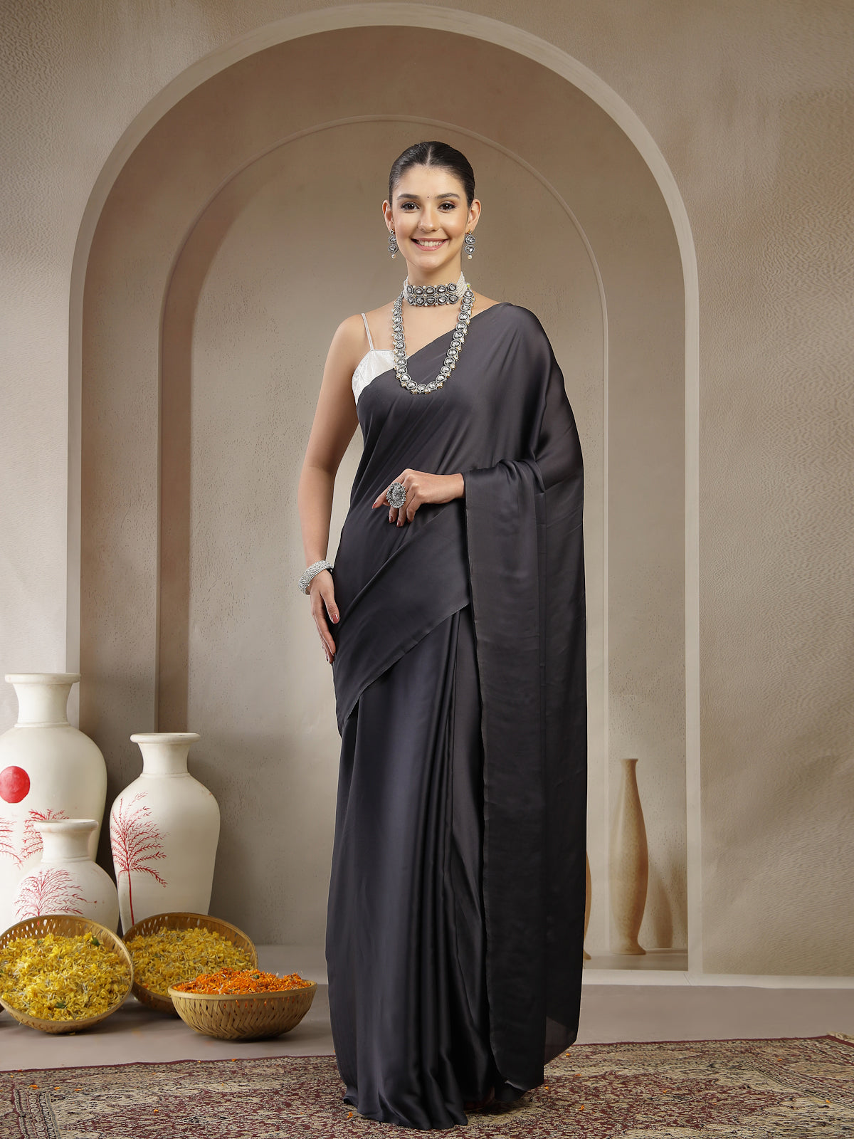 Dark Grey Satin Silk Saree