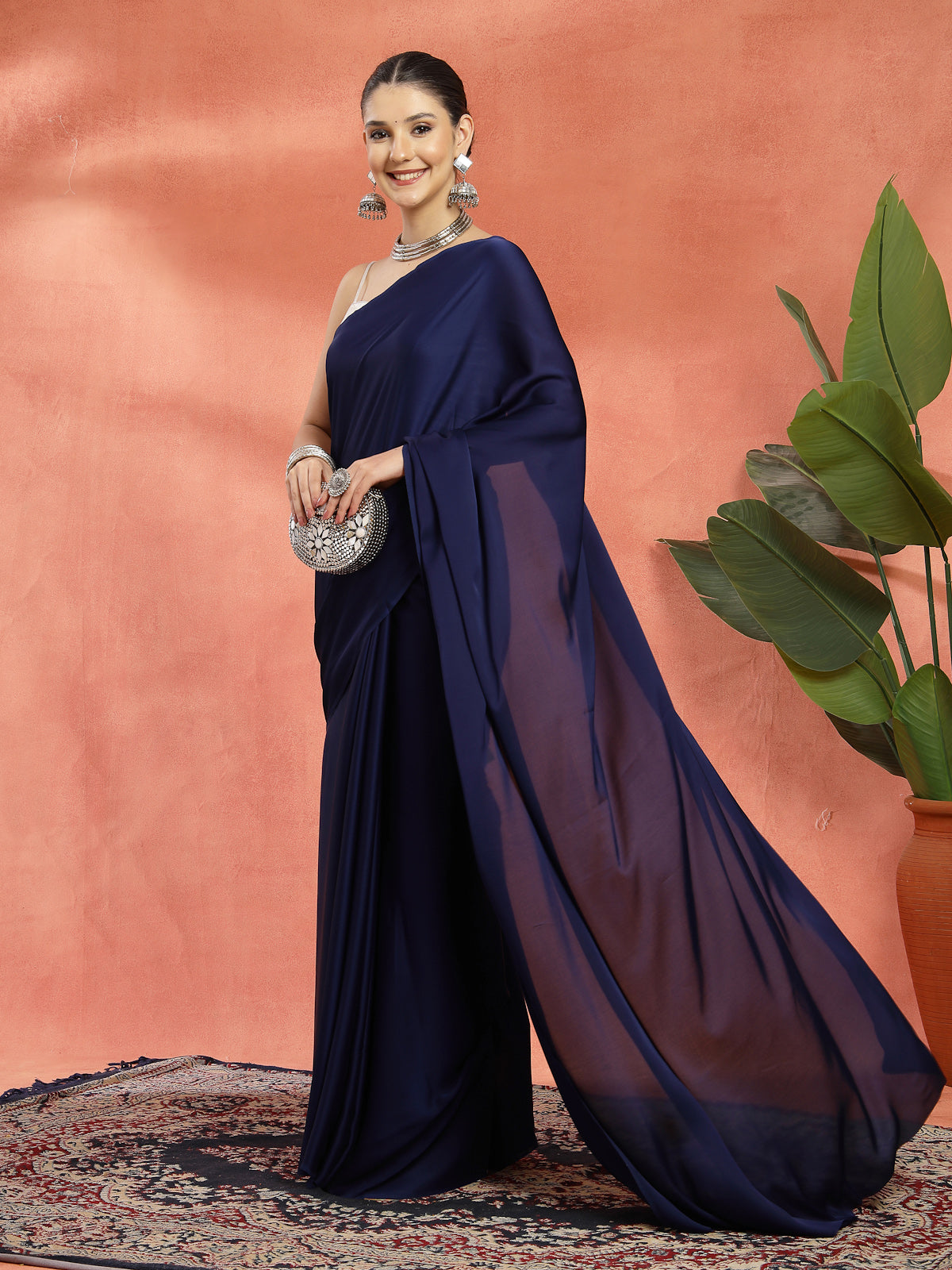 Navy Blue Satin Saree