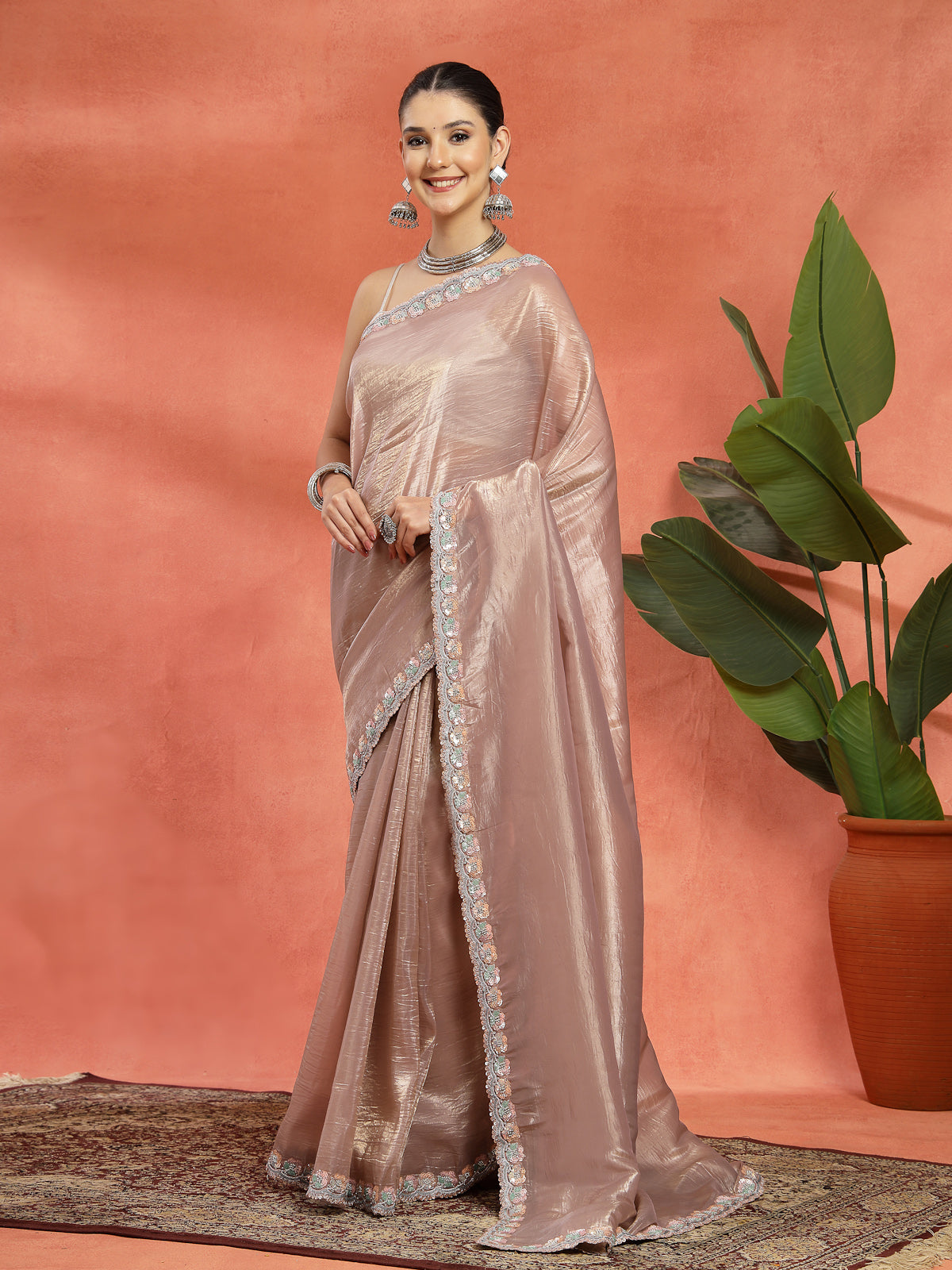 Rose Gold Organza Saree with Silver Sequin Border