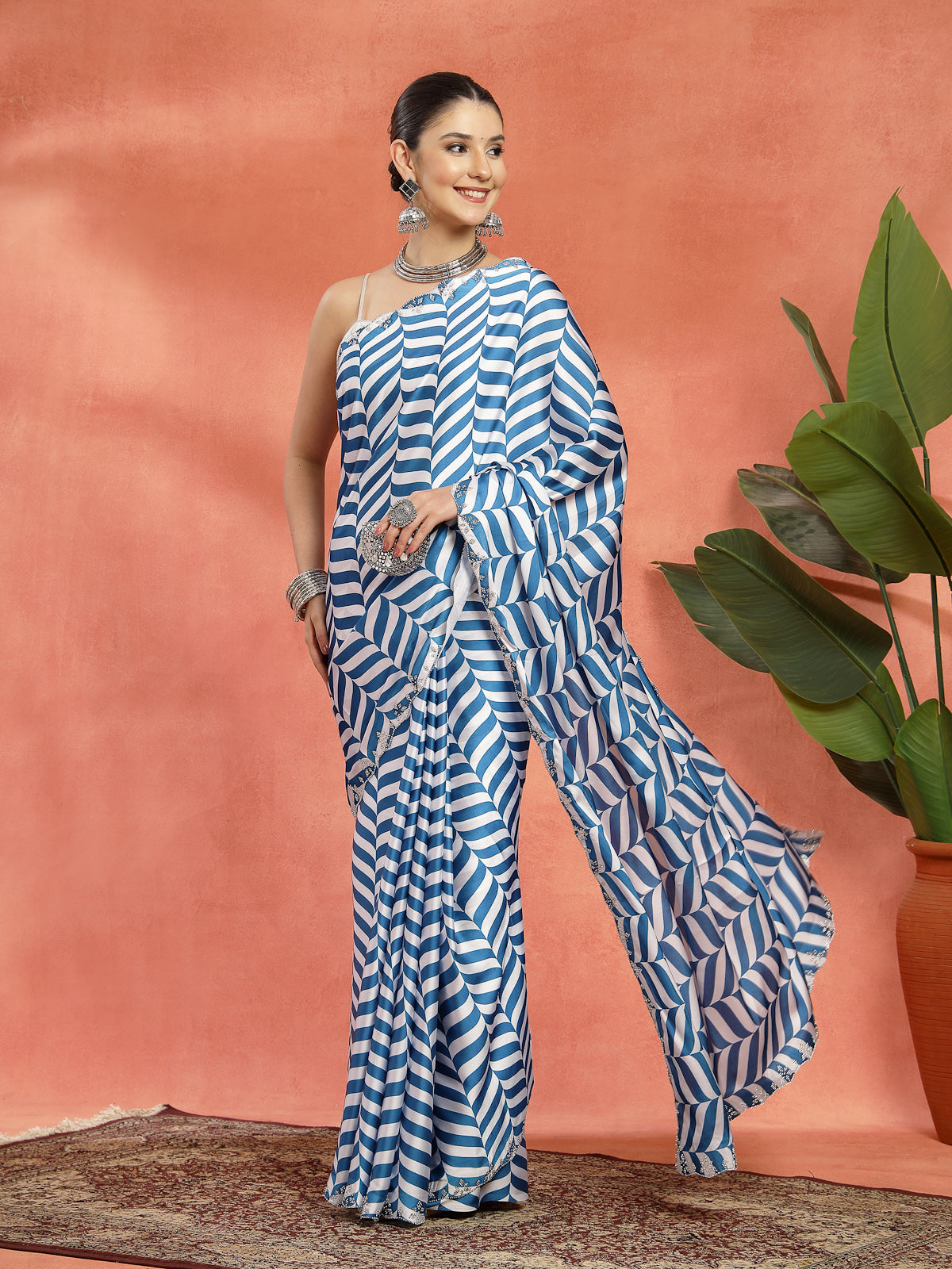 Blue & White Geometric Satin Printed Saree