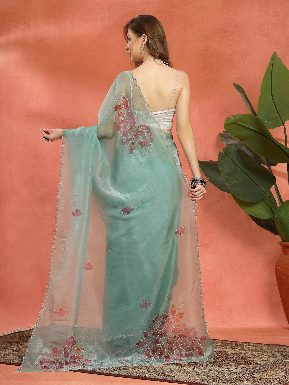 Organza Aqua Green Floral Embroidery Scalloped Border Saree