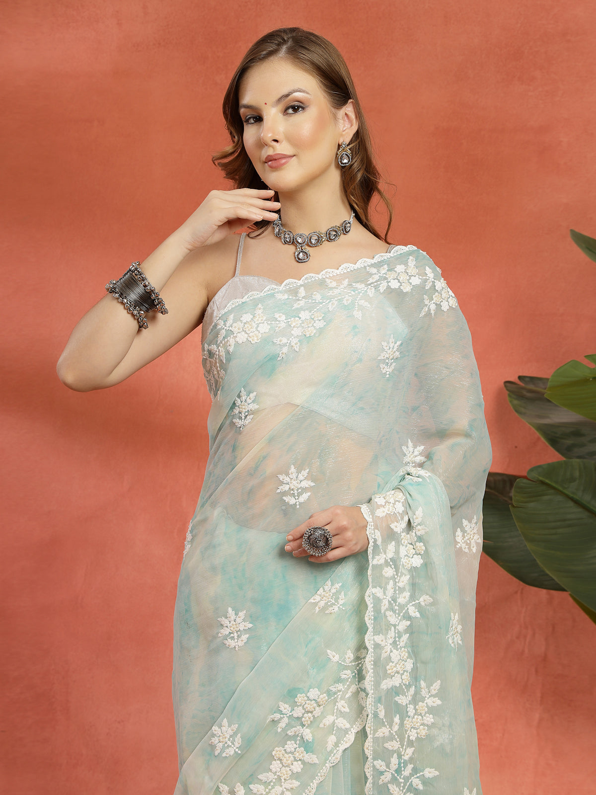 Sage Green & White Organza Floral Embroidered Saree