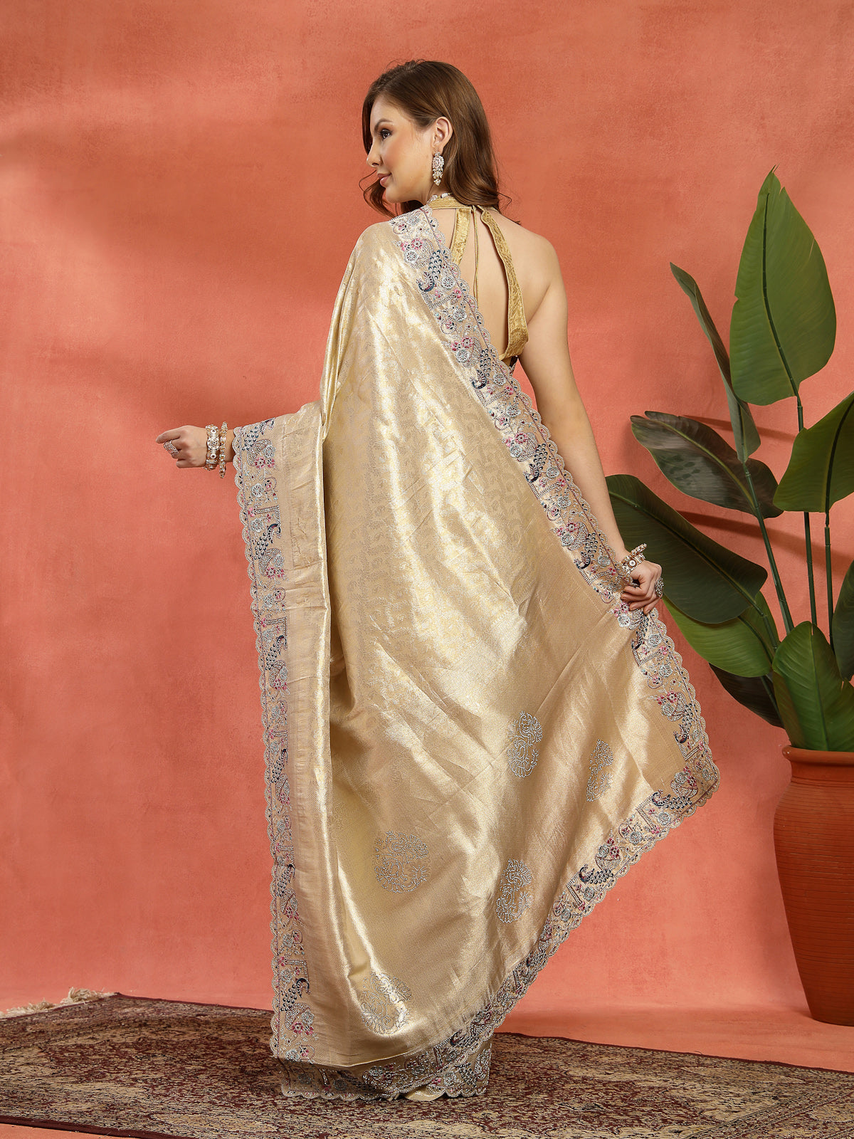 Champagne Gold Organza Saree with Scalloped Zari Border
