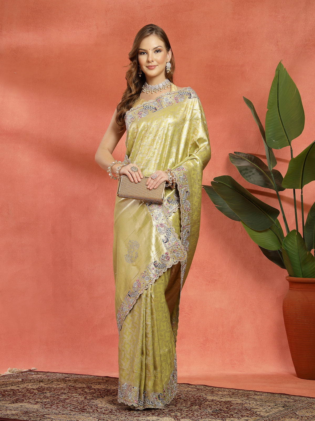 Olive Green Organza Embroidered Saree