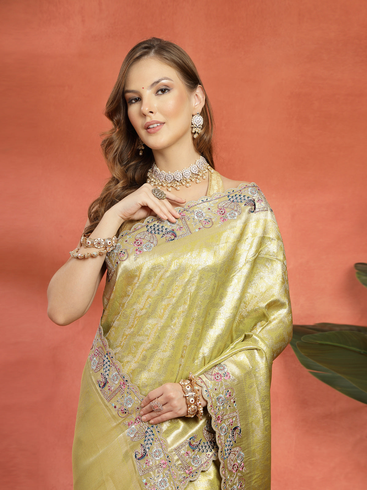 Olive Green Organza Embroidered Saree