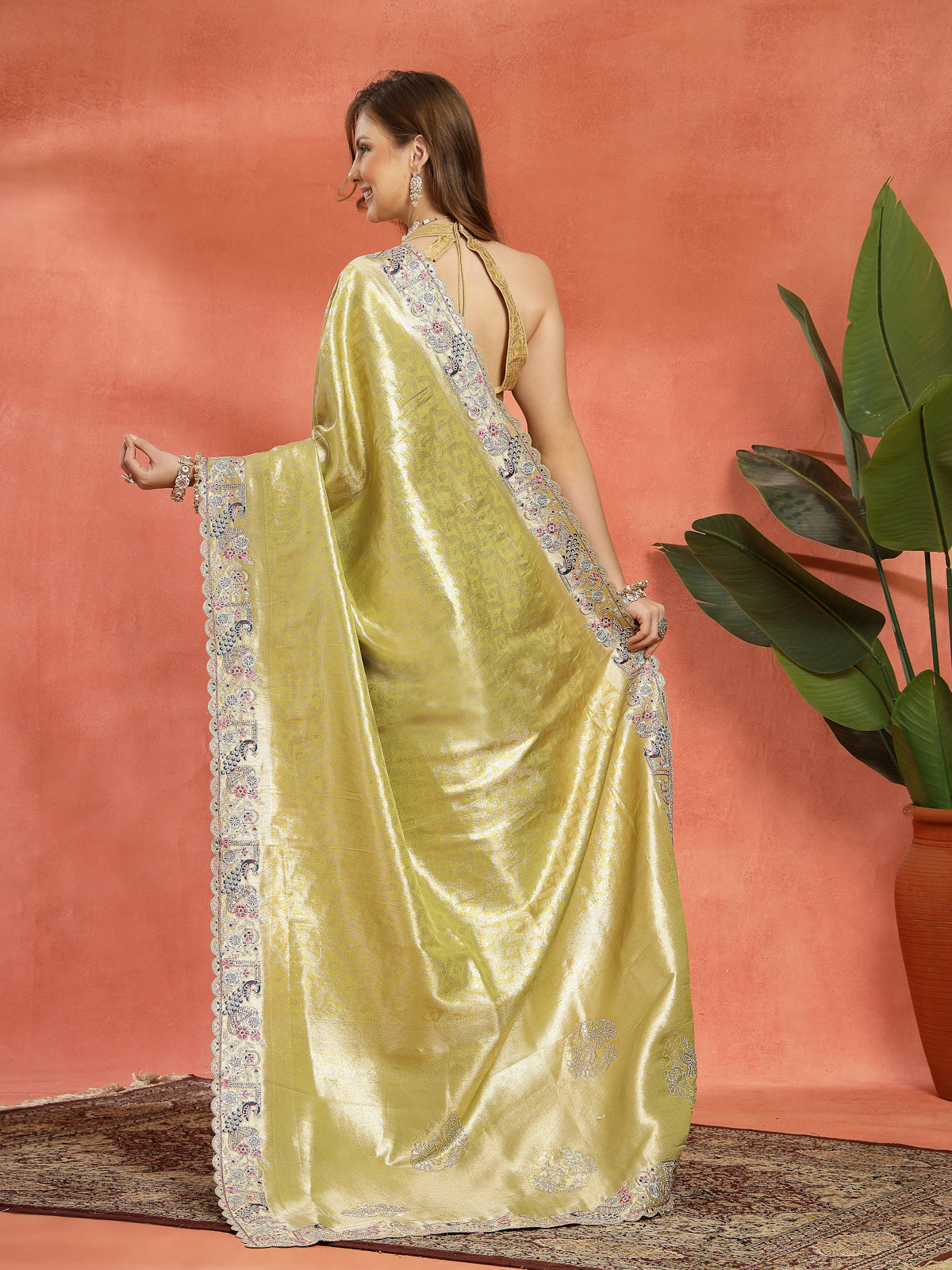 Olive Green Organza Embroidered Saree