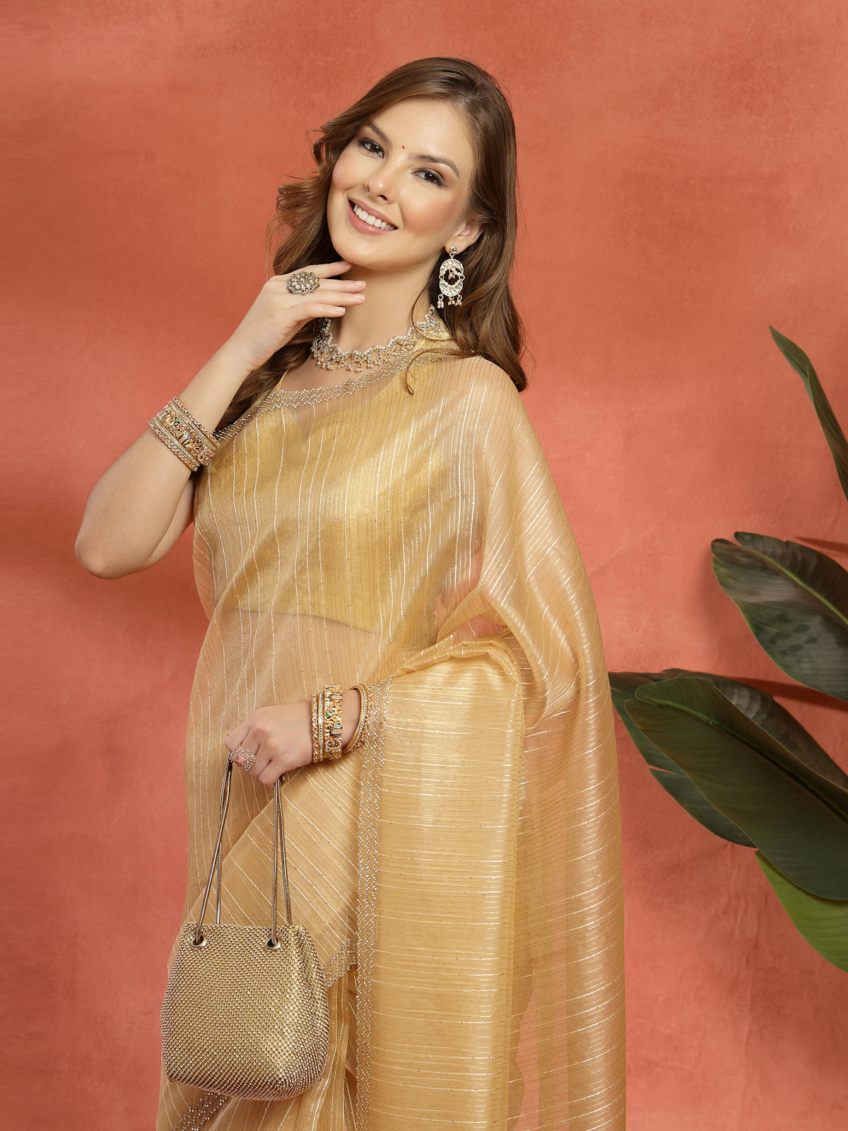 Champagne Beige Tissue Organza Designer Saree