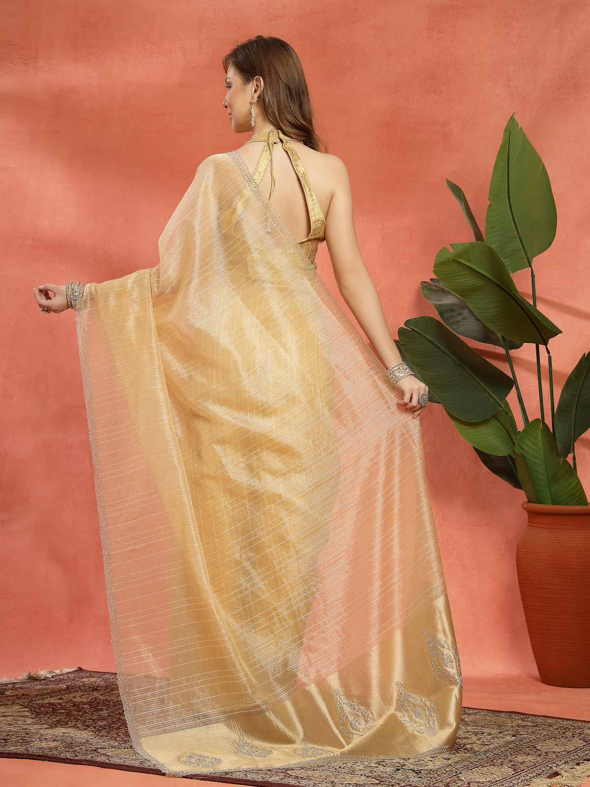 Champagne Beige Tissue Organza Designer Saree