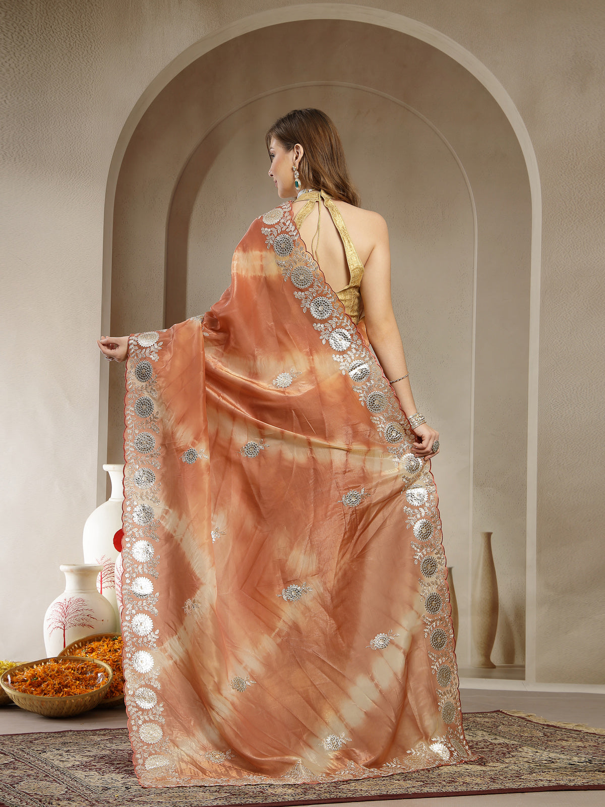 Rust Orange Organza Saree with Gold Silver Work and Designer Border