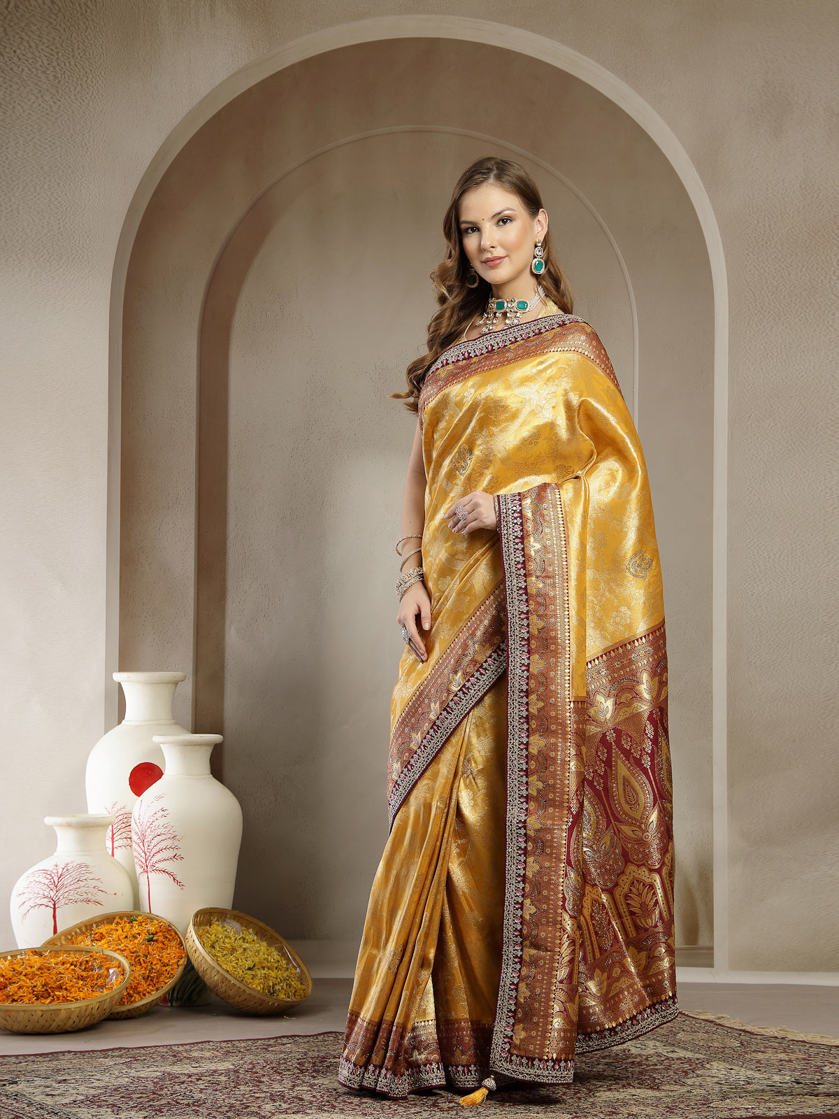 Mustard Golden Satin Saree Heavy Maroon Embroidered Border