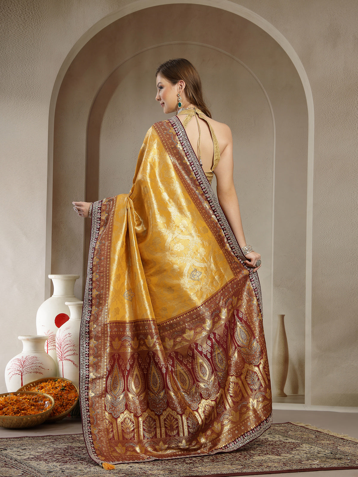 Mustard Golden Satin Saree Heavy Maroon Embroidered Border
