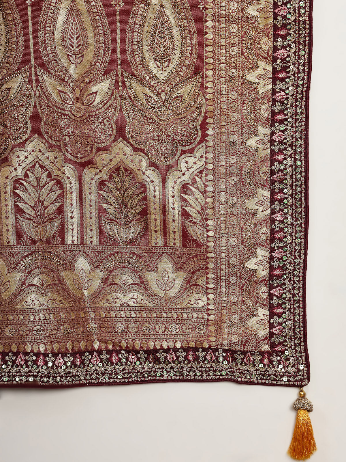 Mustard Golden Satin Saree Heavy Maroon Embroidered Border