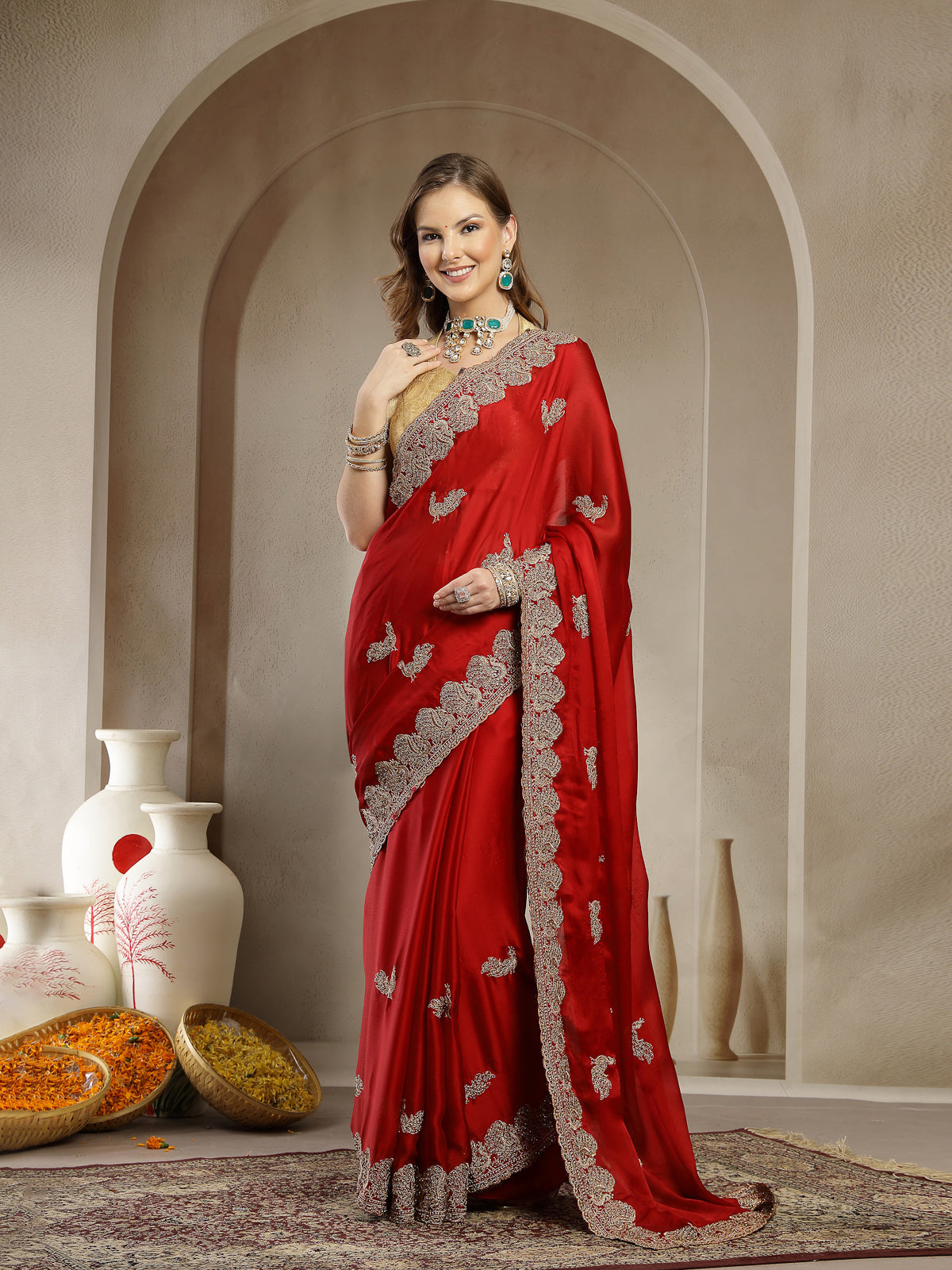 Crimson Red Organza Saree with Elegant Silver Embroidered Border