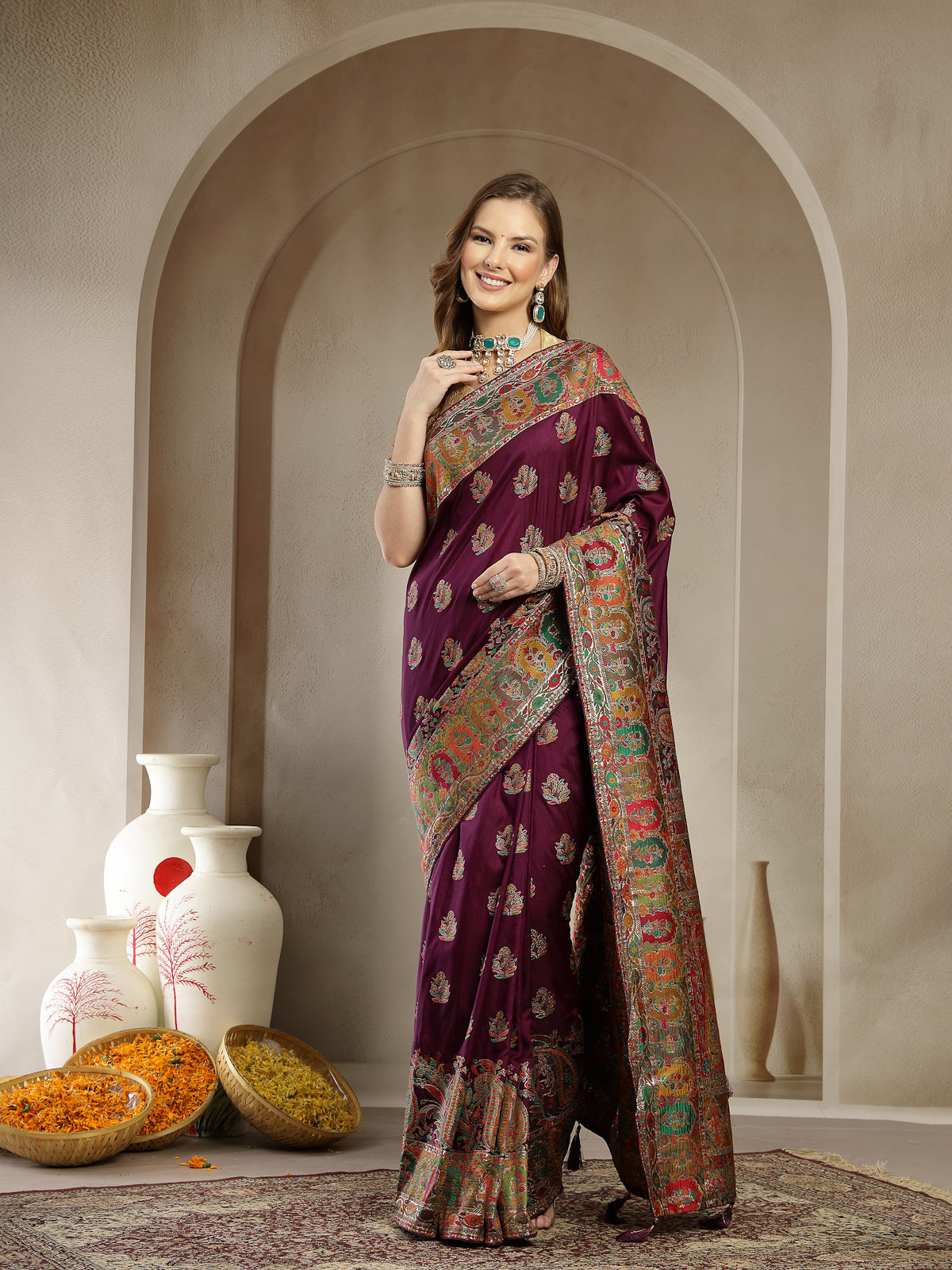 Deep Wine with Multicolor Satin Saree