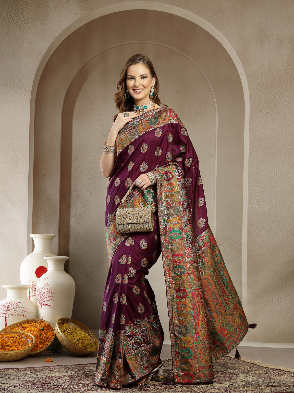 Deep Wine with Multicolor Satin Saree