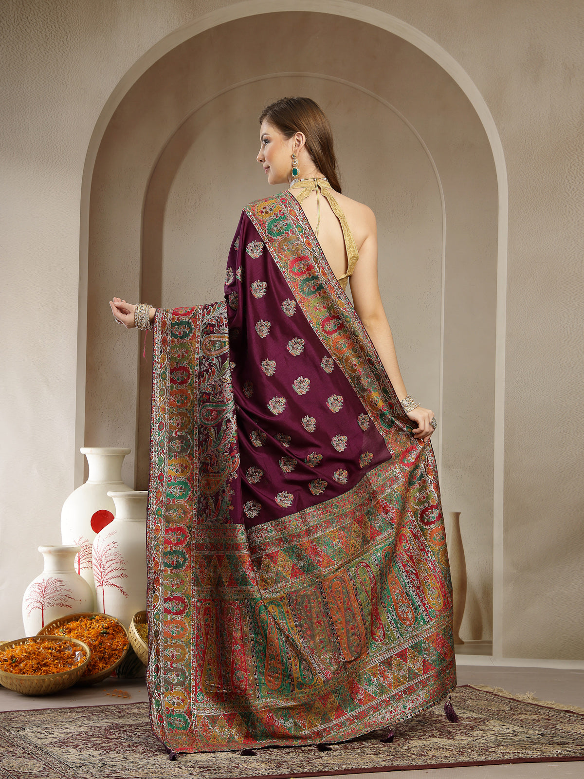 Deep Wine with Multicolor Satin Saree