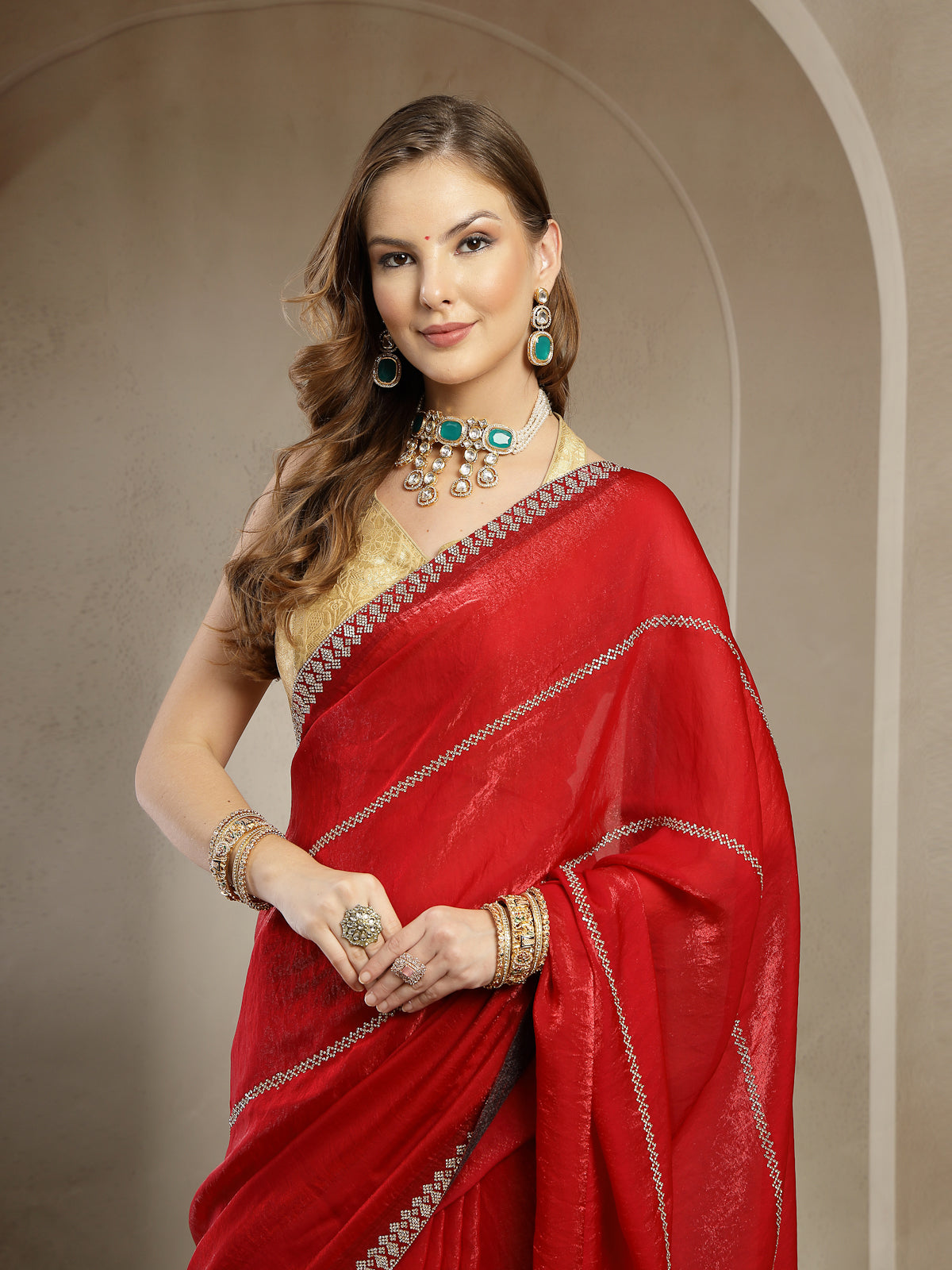 Red Designer Satin Saree