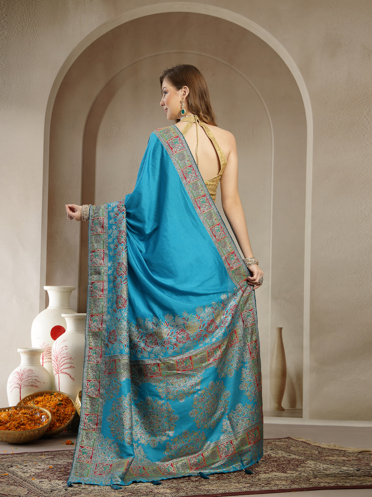 Turquoise Blue Traditional Satin Saree with Designer Border