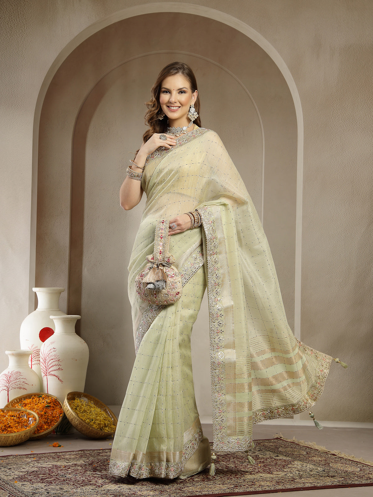 Pastel Pistachio Green Handcrafted Embroidered Organza Saree