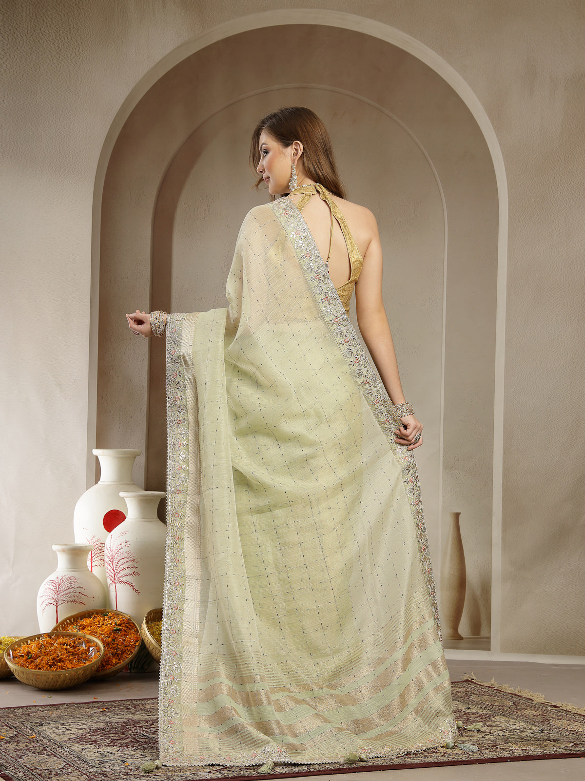 Pastel Pistachio Green Handcrafted Embroidered Organza Saree