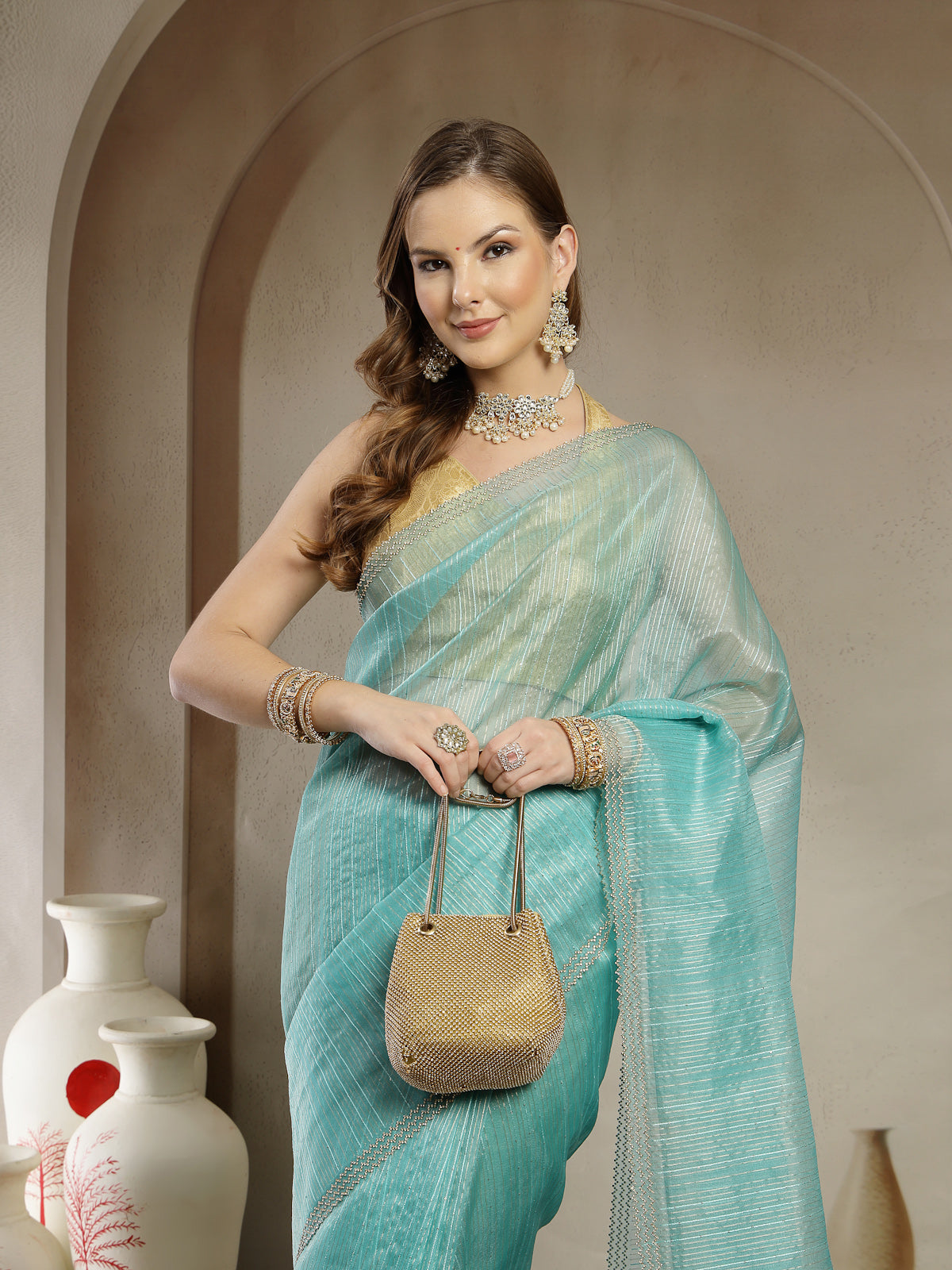 Elegant Aqua Blue Satin Silk Saree