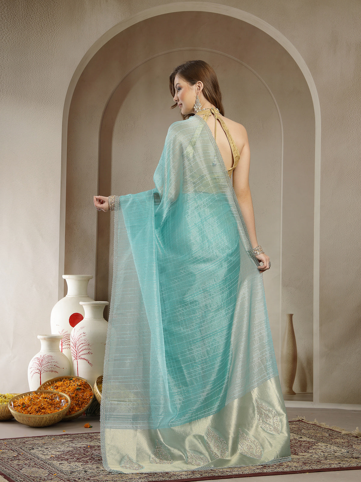 Elegant Aqua Blue Satin Silk Saree