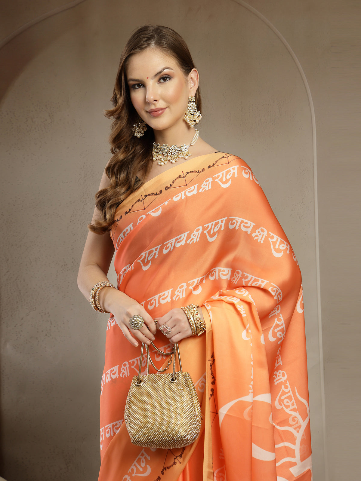 Saffron Orange Cultural Print Satin Saree