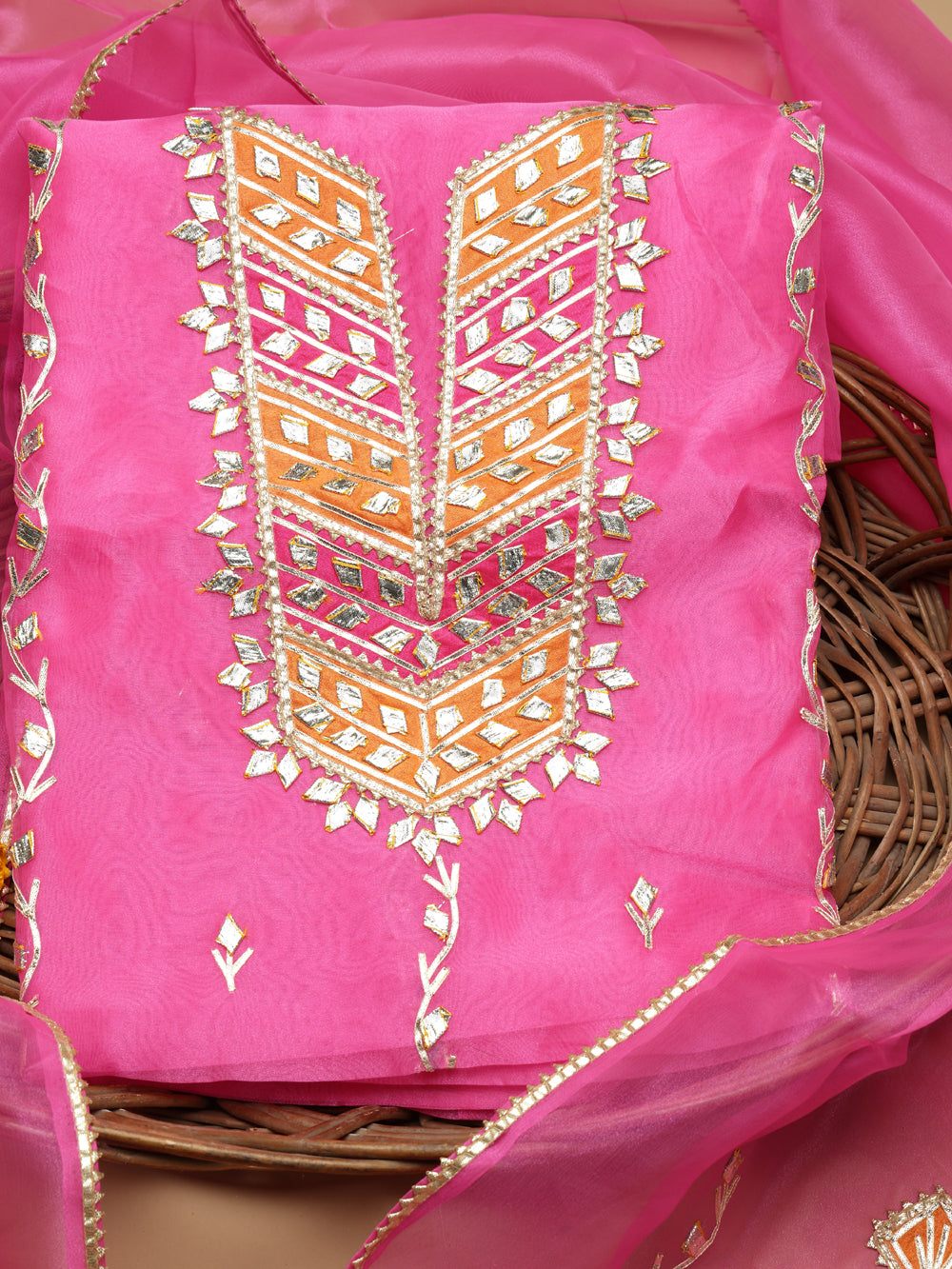 Rose Pink Unstitched Organza Tissue Suit Set with Opulent Gota Patti Embroidery