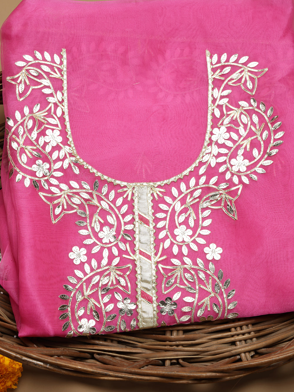 Rani Pink Unstitched Organza Tissue Suit Set with Gota Patti Work