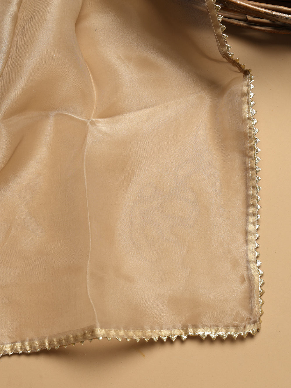 Champagne Beige Unstitched Organza Tissue Suit Set with Kundan & Pearl Handwork