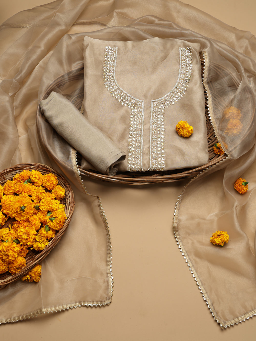 Champagne Beige Unstitched Organza Tissue Suit Set with Kundan & Pearl Handwork