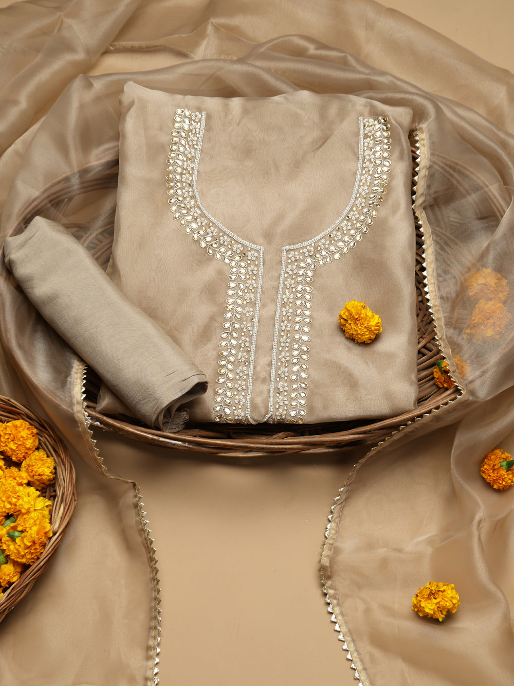 Champagne Beige Unstitched Organza Tissue Suit Set with Kundan & Pearl Handwork