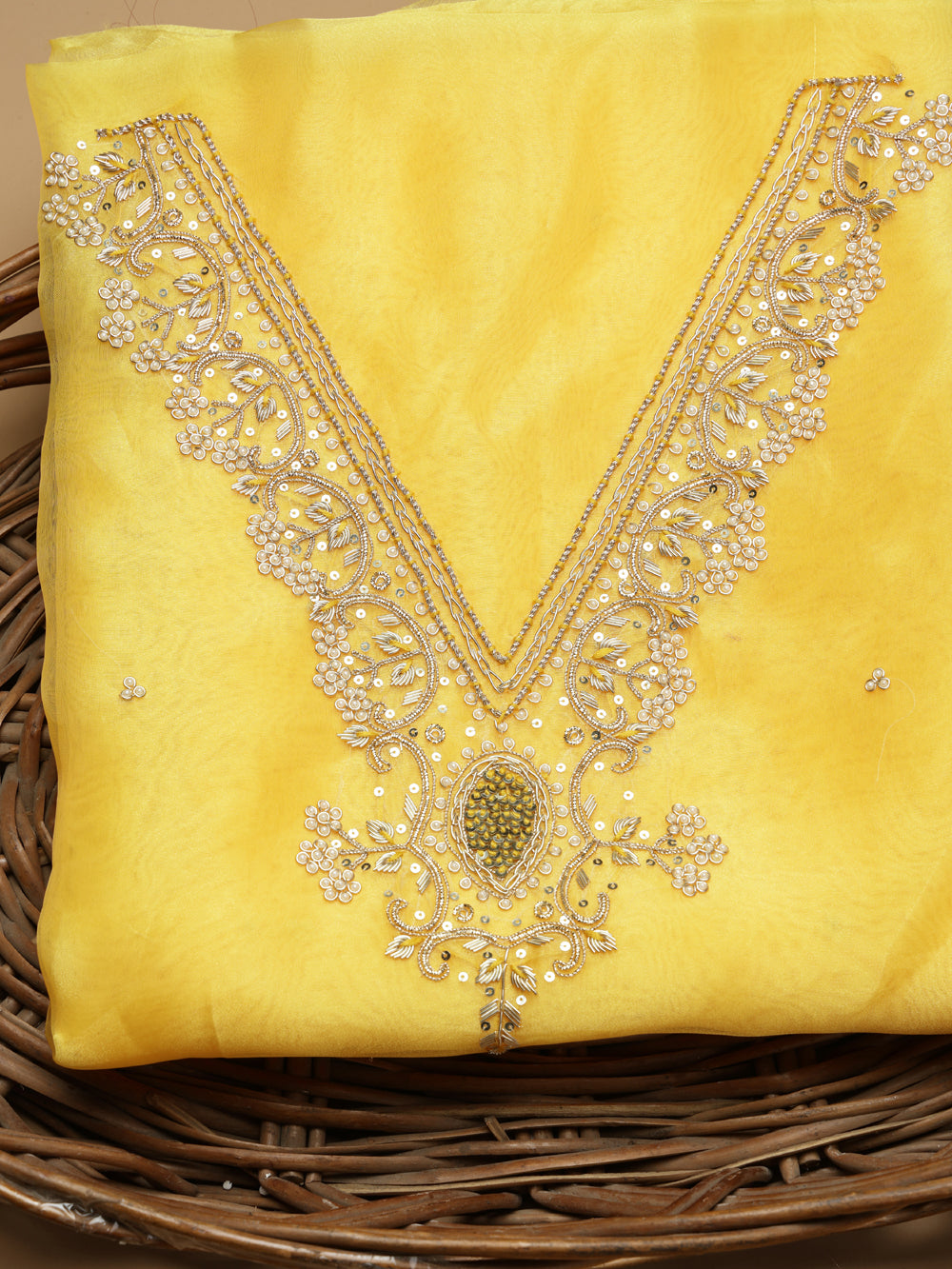 Sunny Mustard Yellow Unstitched Organza Tissue Suit Set with Zardozi & Pearl Work