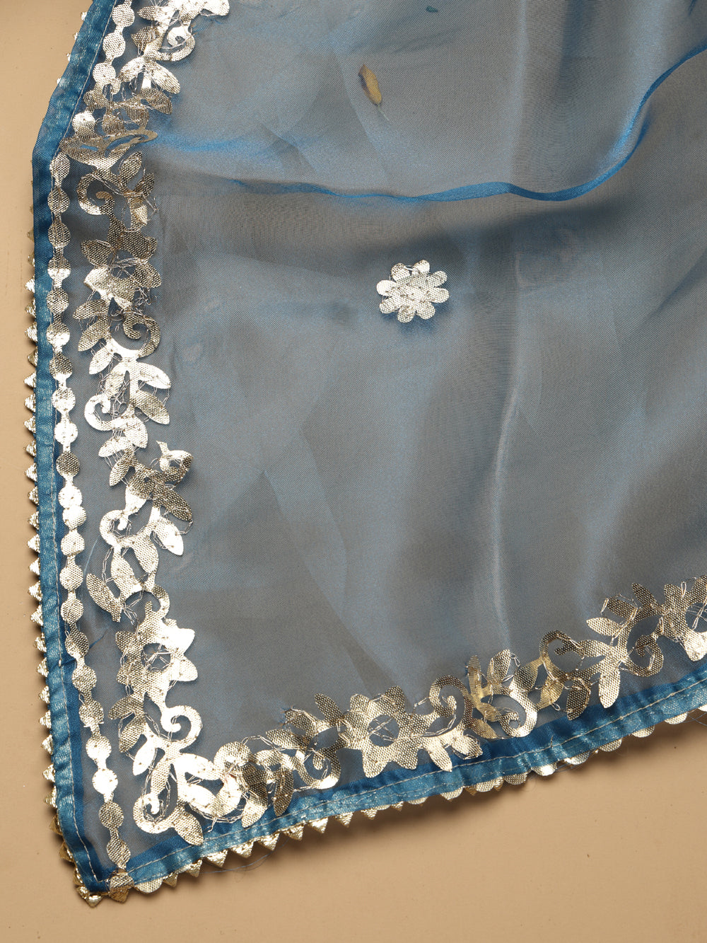 Deep Teal Blue Unstitched Organza Tissue Suit Set with Gota Patti & Zardozi Work