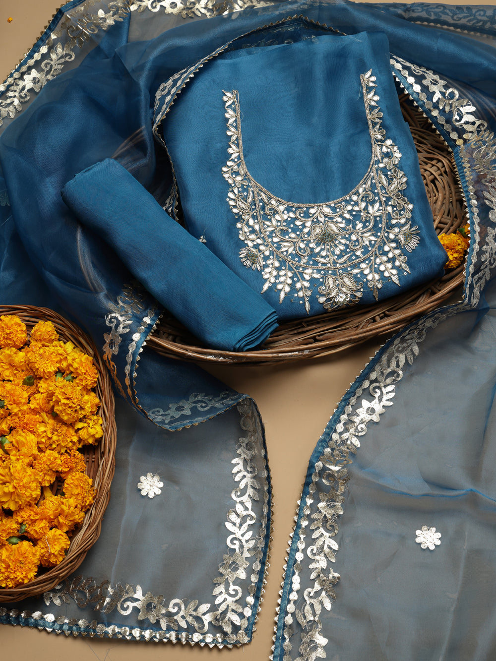 Deep Teal Blue Unstitched Organza Tissue Suit Set with Gota Patti & Zardozi Work