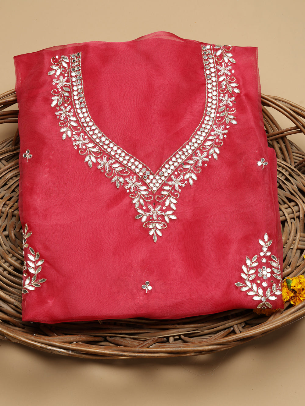 Rich Ruby Red Unstitched Organza Tissue Suit Set with Mirror & Pearl Work