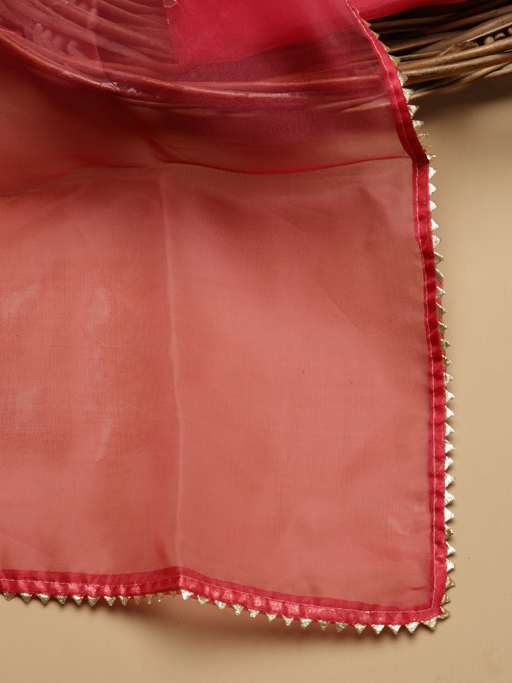 Rich Ruby Red Unstitched Organza Tissue Suit Set with Mirror & Pearl Work