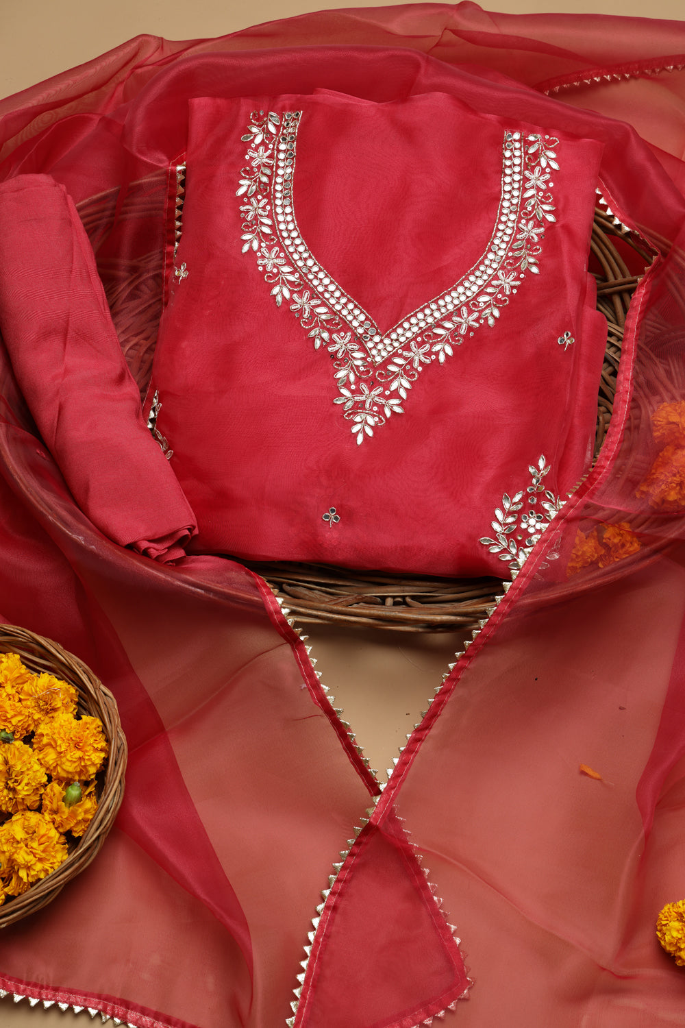 Rich Ruby Red Unstitched Organza Tissue Suit Set with Mirror & Pearl Work