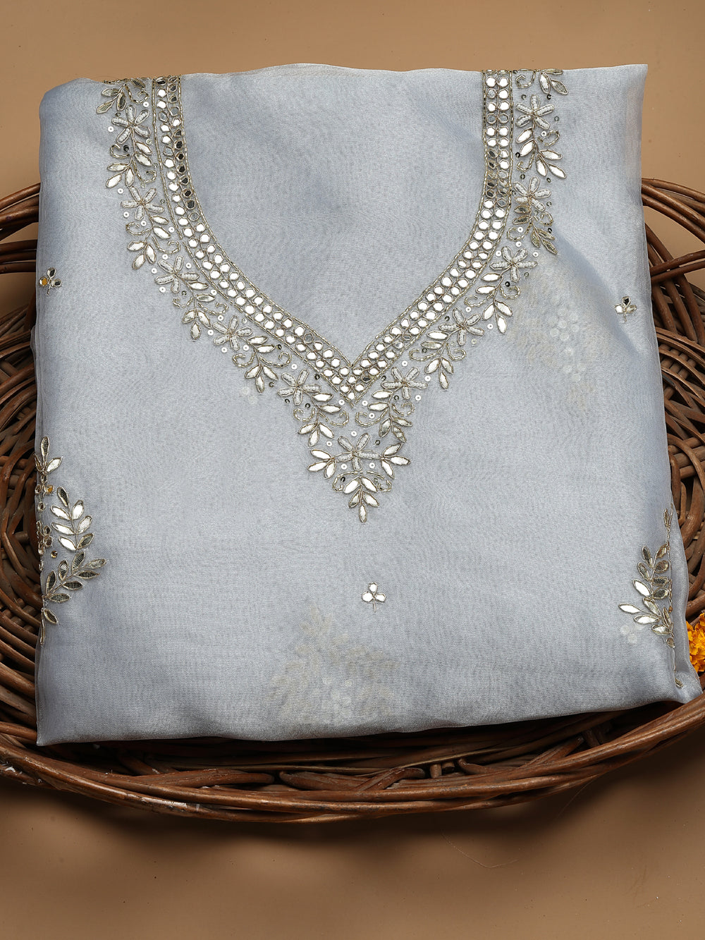 Soft Dove Grey Unstitched Organza Tissue Suit Set with Mirror & Pearl Work