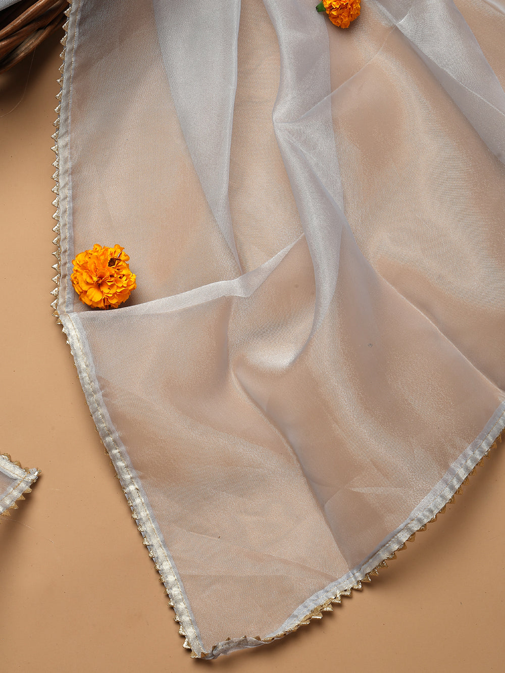 Soft Dove Grey Unstitched Organza Tissue Suit Set with Mirror & Pearl Work