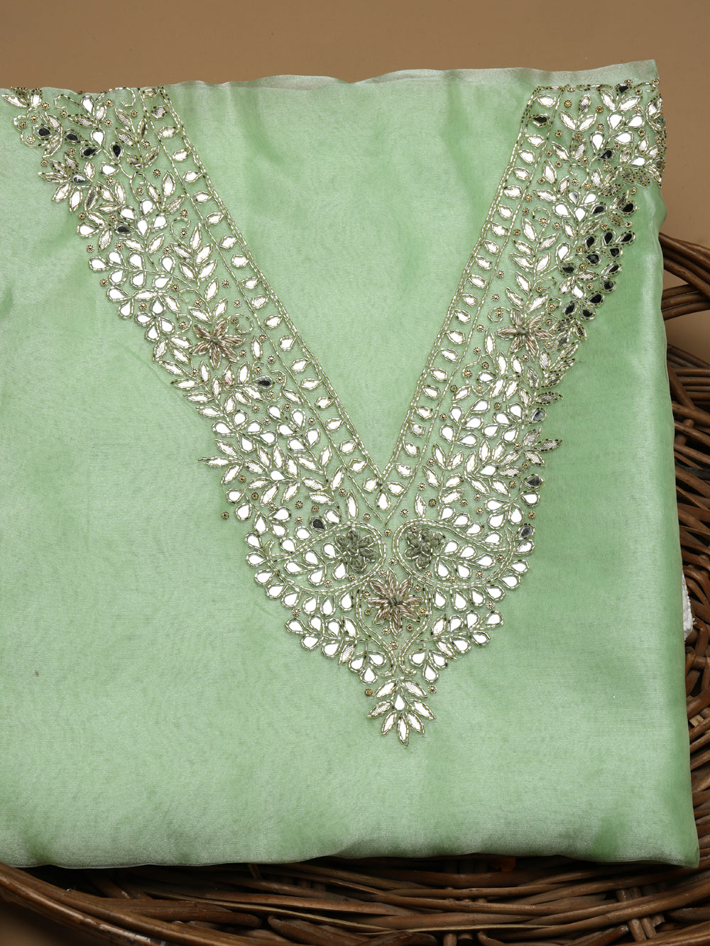 Mint Green Unstitched Organza Tissue Suit Set with Mirror & Gota Patti Work