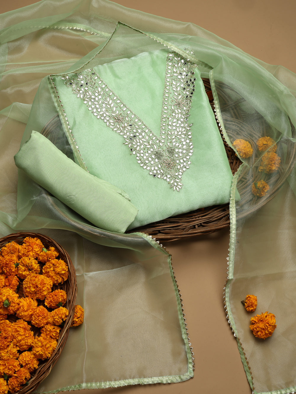 Mint Green Unstitched Organza Tissue Suit Set with Mirror & Gota Patti Work