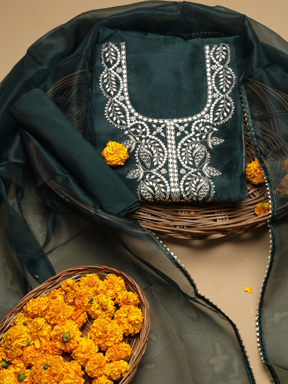 Bottle Green Unstitched Organza Tissue Suit Set with Gota Patti Pearl & Zardozi Work