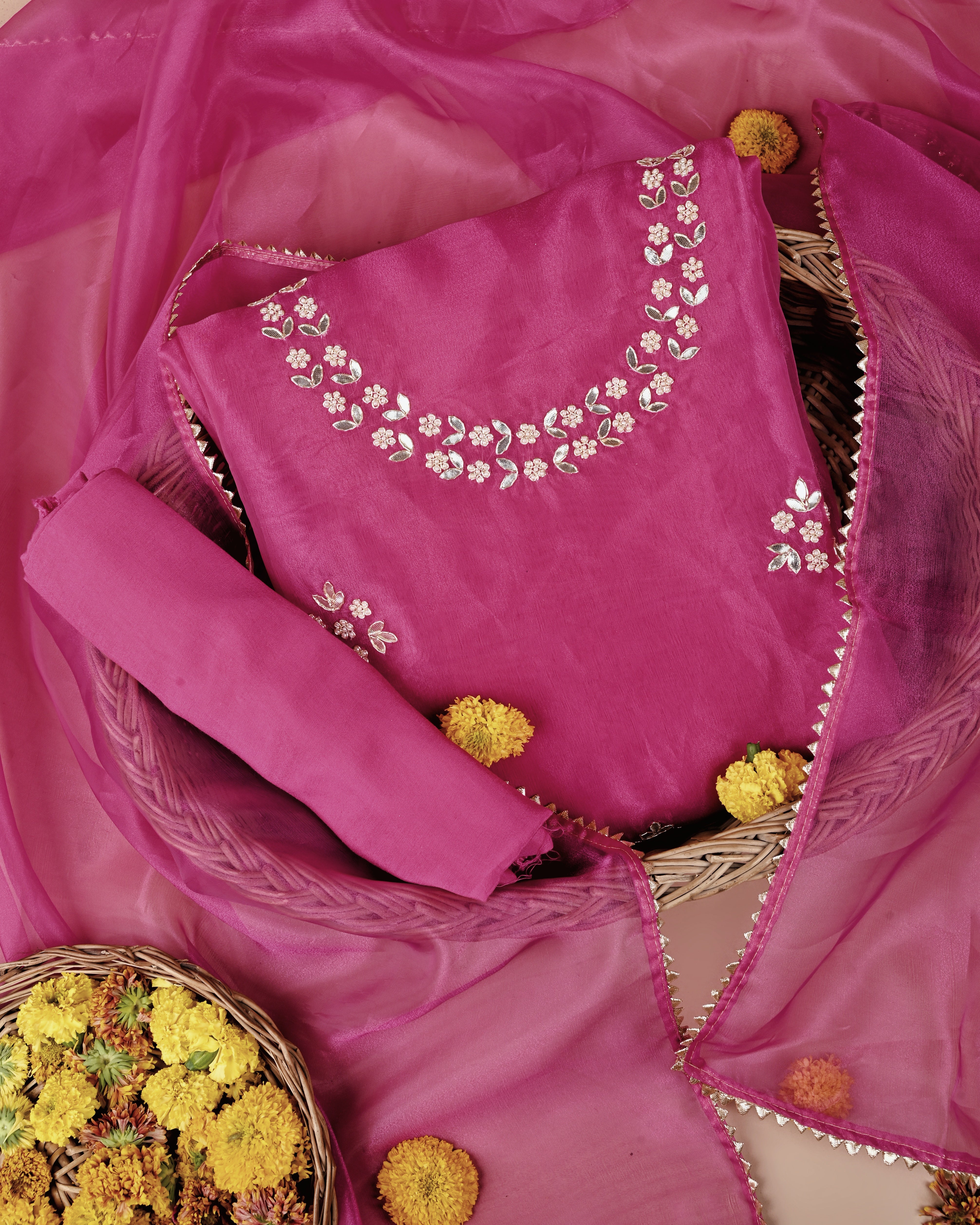 Brink Blush Unstitched Organza Tissue Suit Set with Gota Patti & Pearl Embellishment