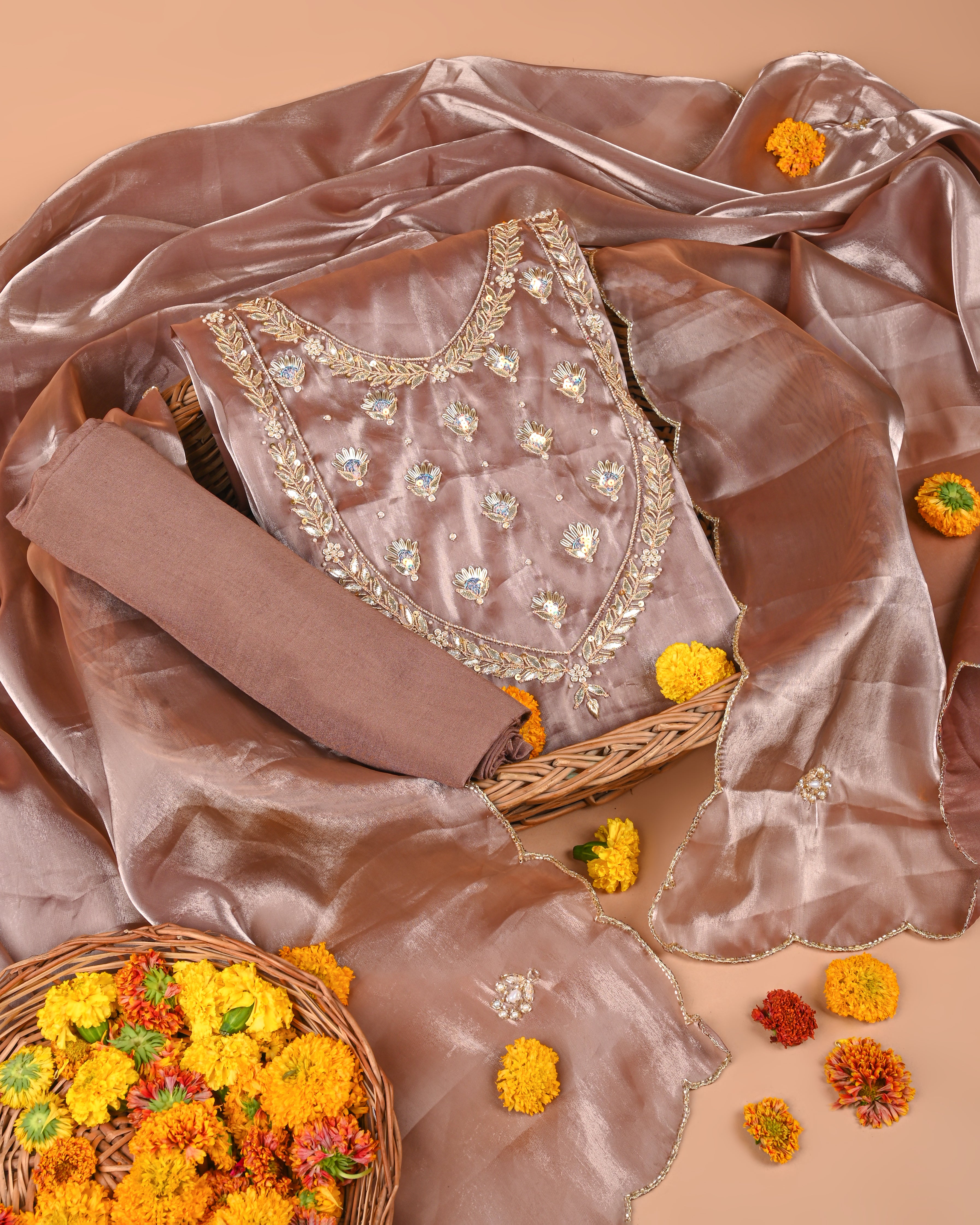 Autumn Copper Elegance Unstitched Jimmy Choo Silk Suit Set with Handcrafted Gota Patti & Pearl Detailing