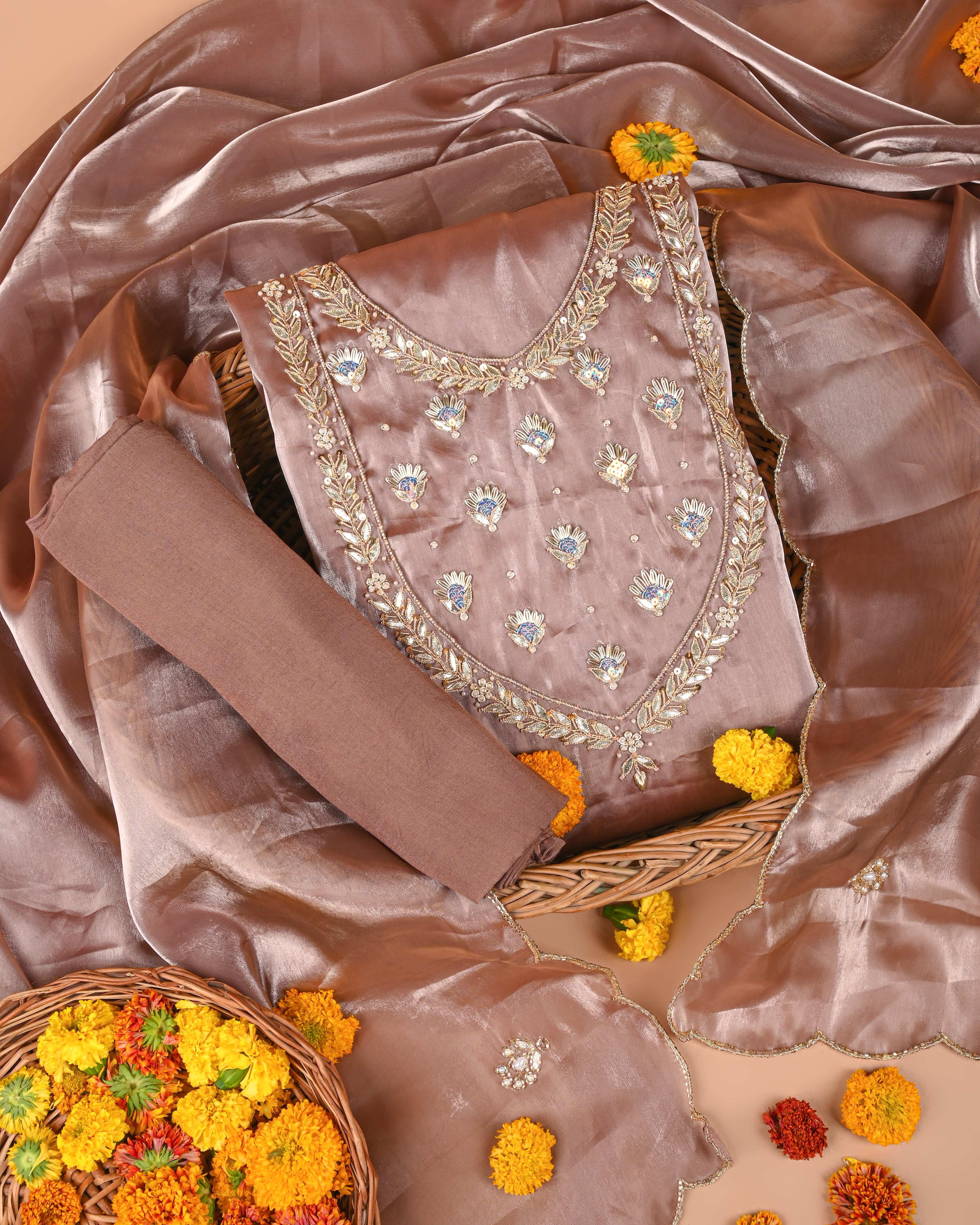 Autumn Copper Elegance Unstitched Jimmy Choo Silk Suit Set with Handcrafted Gota Patti & Pearl Detailing