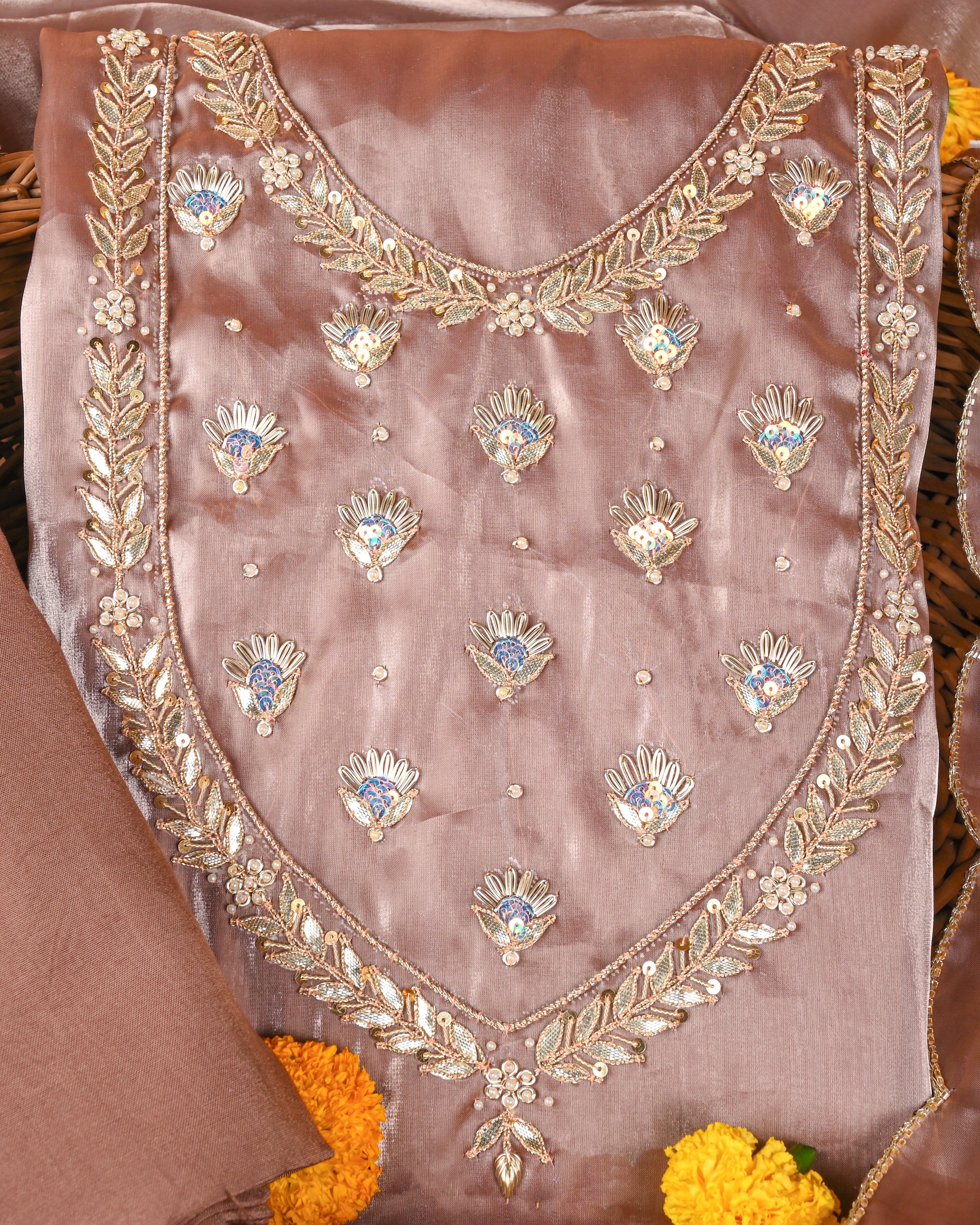 Autumn Copper Elegance Unstitched Jimmy Choo Silk Suit Set with Handcrafted Gota Patti & Pearl Detailing