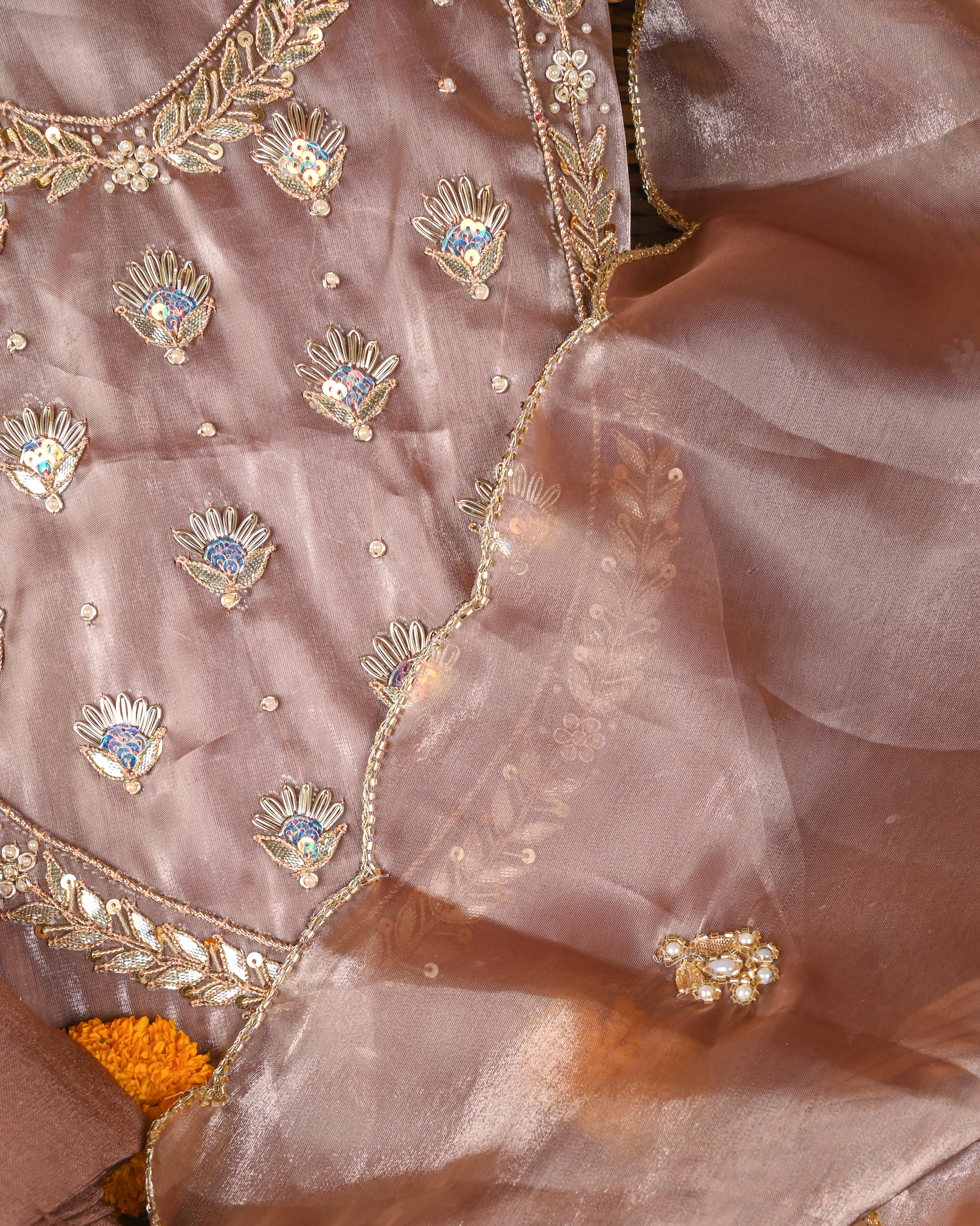 Autumn Copper Elegance Unstitched Jimmy Choo Silk Suit Set with Handcrafted Gota Patti & Pearl Detailing