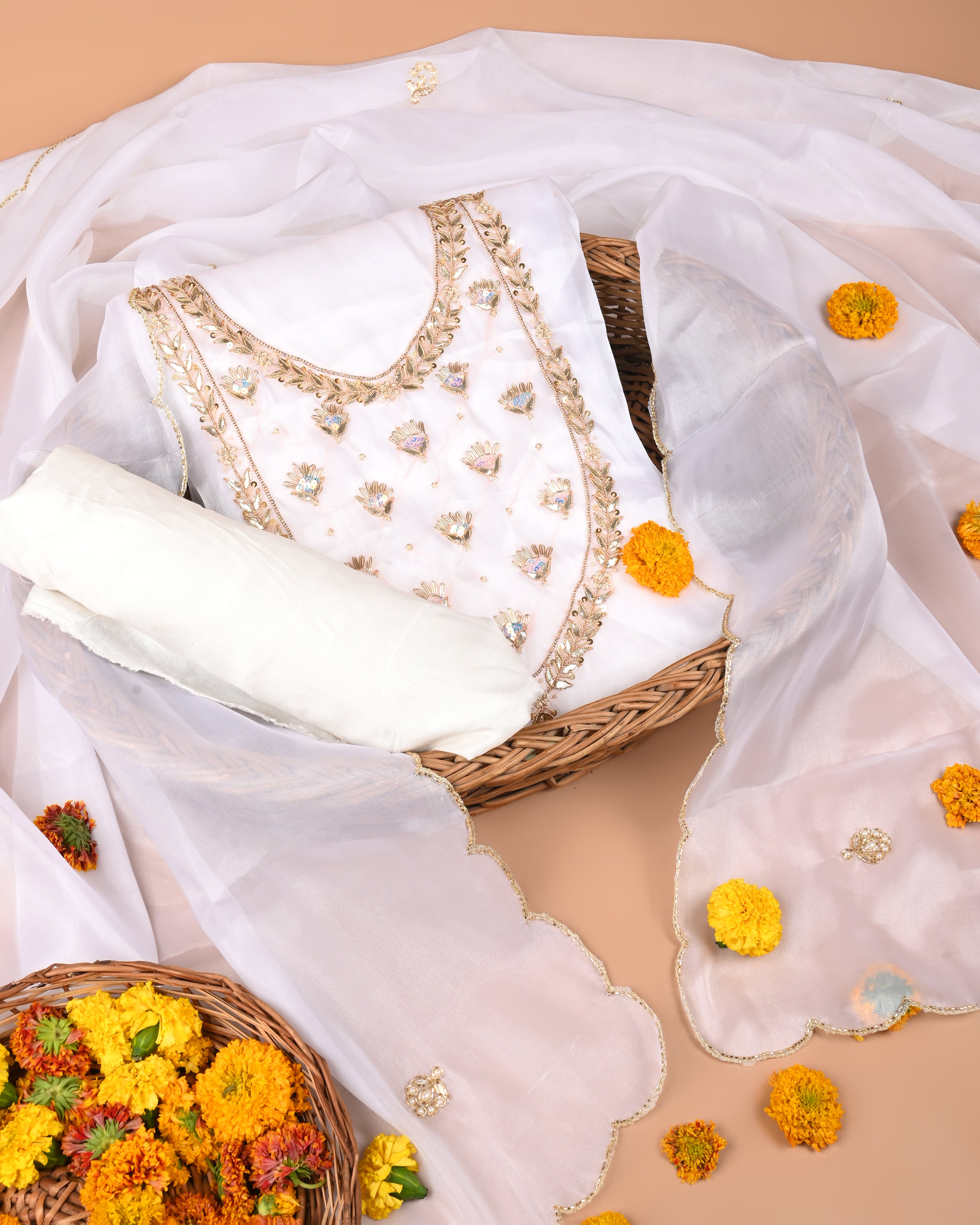 Snow White Royale Unstitched Jimmy Choo Silk Suit Set with Handcrafted Gota Patti & Pearl Embellishment